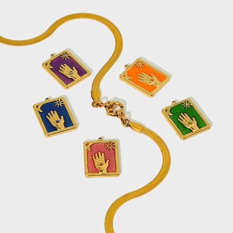Tarot Card Rectangular Pendants Stainless Steel Enamel Oil Drip Vintage Mystical Hamsa Hand Moon Star DIY Jewelry Findings