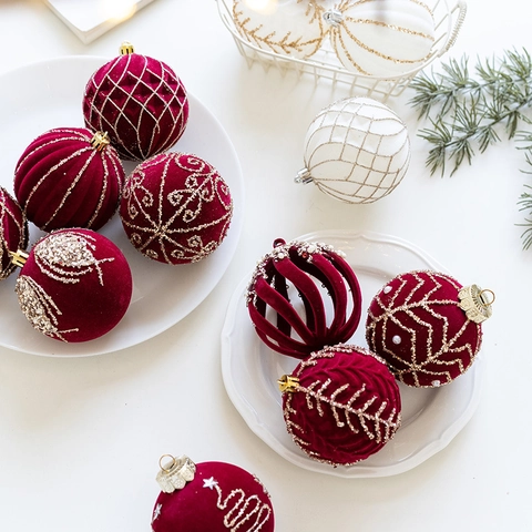 Bolas De Navidad De Terciopelo Rojo Vino Adornos Flocados Con Purpurina Dorada Perlas Elegante Decoración Colgante Para Árbol