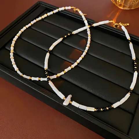 Collar De Cuentas Estilo Bambú Con Nácar Concha Y Colgante De Perla Agua Dulce Acero Titanio Joyería Retro Mujer