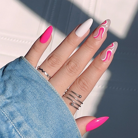 Unghie Finte Press On Rosa Acceso Bianco Onde Vortice Forma Mandorla Lunga Lucido Manicure Artificiale Moda Donne DIY