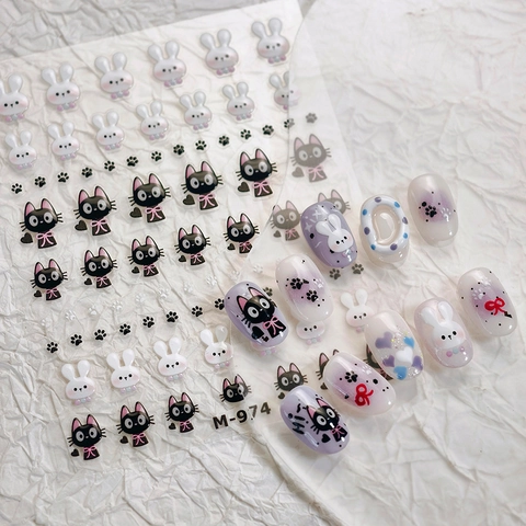 Autocollants Ongles Relief Auto-Adhésifs Chat Noir Lapin Blanc Dessin Animé Mignon Kawaii DIY Manucure