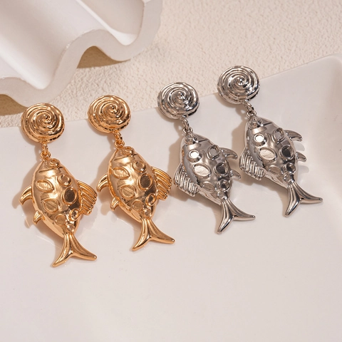 Pendientes Colgantes Con Forma De Pez Vintage Textura Metálica Aleación Con Poste De Plata De Ley 925 Para Mujer
