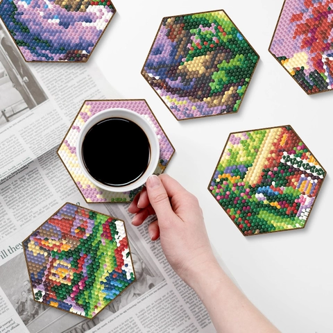DIY Diamond Painting Coasters Wood Mandala Landscape Christmas Pattern Handmade Rhinestone Cup Mat With Holder Art Craft