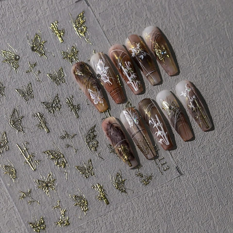 Nail Art Stickers 5D Embossed Gold Stamping Holographic Butterfly Bamboo Self Adhesive DIY Manicure Rhinestone Decoration