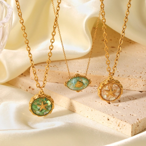 Seestern Muschel Anhänger Halskette 18K Vergoldet Edelstahl Muschelsplitter Schlüsselbein Kette Meeresstil Damen