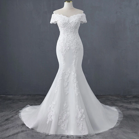 Vestido De Novia De Sirena Con Hombros Descubiertos De Encaje Con Cola Larga Lentejuelas Cuentas Elegante