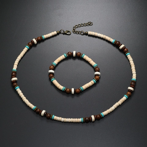Collana E Bracciale Grani Legno Guscio Cocco Bohémien Gioielli Tribal Surfer Retro Fatti A Mano Uomini Donne