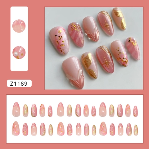 Press On Nails Almond Ombre Pink Gold Foil 3D Star Relief Artificial Pearl Accents Glossy ABS Plastic Fashionable Removable