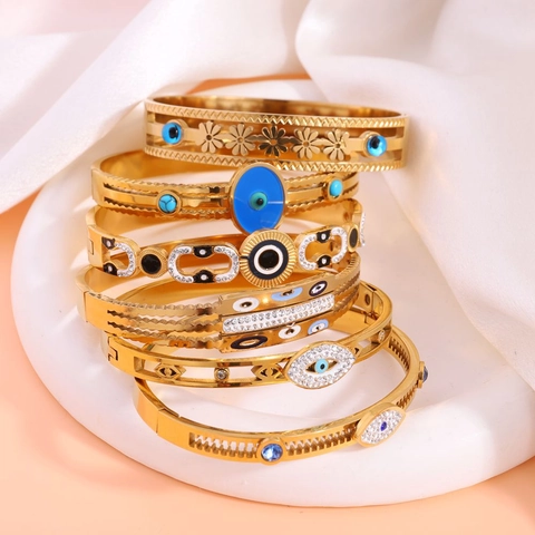 Evil Eye Bangle Stainless Steel Gold Plated Enamel Rhinestone Retro Jewelry Vintage Open Cuff Bracelet For Women