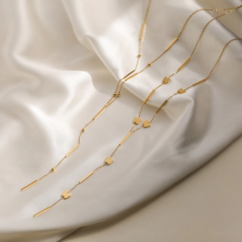 Butterfly Pendant Y-Shaped Necklace 18K Gold Plated Stainless Steel Long Bar Tassel Chic Minimalist Fashion Jewelry For Women