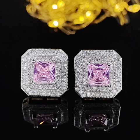 Elegant Pink Rhinestone Stud Earrings For Women Copper Halo Heart Round Square Shapes Daily Jewelry Accessories Gift