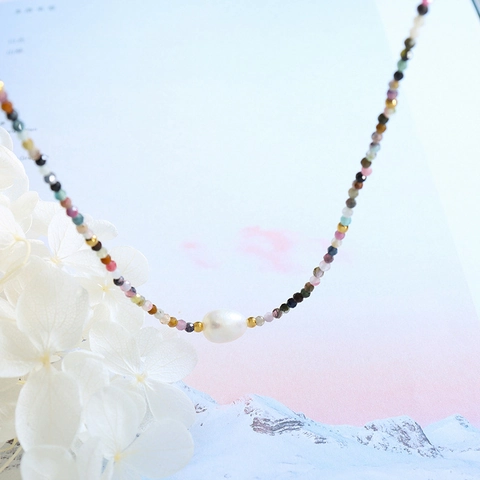 Vintage Ethnic Multicolor Natural Tourmaline Beaded Necklace With Baroque Freshwater Pearl Pendant Titanium Steel Jewelry