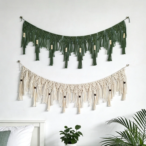 Macrame Wandbehang Baumwollseil Wandteppich Mit Holzperlen Quaste Böhmischen Stil Haus Deko Für Schlafzimmer Wohnzimmer
