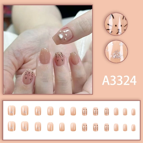 Uñas Postizas Adhesivas Gato Lindo Huellas De Patas Rosa Nude Brillante Cuadradas Cortas Manicura Para Mujeres