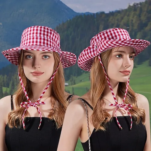 Chapeau Bob Pour Femmes À Carreaux Large Bord Protection Solaire Polyester Respirant Randonnée Extérieure Avec Lien Réglable