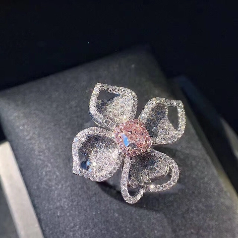 Anillo De Flor Cobre Con Circonita Rosa Pavé Completo Diamantes De Imitación Elegante Lujo Joyería Cóctel Mujeres