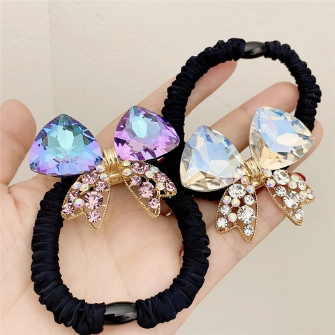 Sparkly Crystal Bowknot Hair Tie Alloy Rhinestone High Elastic Scrunchie Elegant Hair Accessories For Women