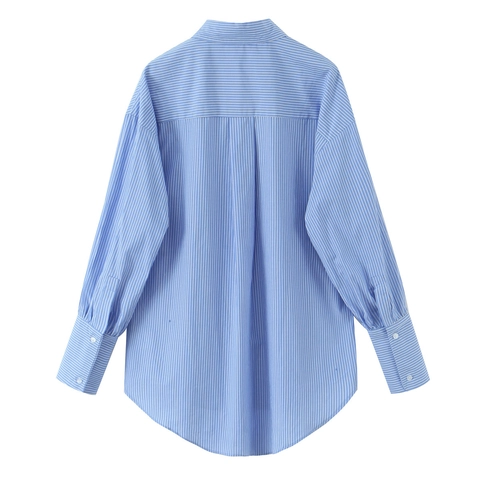 Camicia A Righe Donna Cotone Pettinato Maniche Lunghe Blusa Bottoni Orlo Asimmetrico Vestibilità Ampia Casual Elegante Top