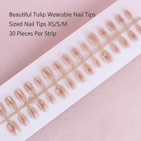 Cat Eye Blush Tulip Press On Nails Pink Gradient Short Square Round False Nails With Tulip Pattern Handmade Style Manicure For Women