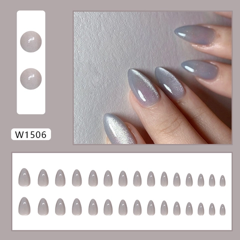 Unghie Finte Press On Grigio Occhio Di Gatto Magnetico Scintillante Forma Mandorla Plastica ABS Manicure Fai Da Te Per Donne
