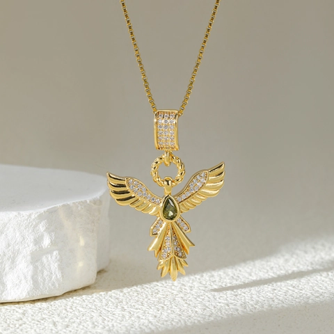 Collar con Colgante de Ala de Fénix de Acero Inoxidable para Mujer Bañado en Oro Circonia Piedra Preciosa Verde Joyería de Alas