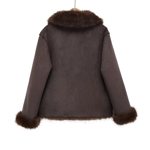 Dames Suède Faux Bontjas Warm Lamswol Stijl Korte Jas Revers Knoop Lange Mouw Chique Bovenkleding