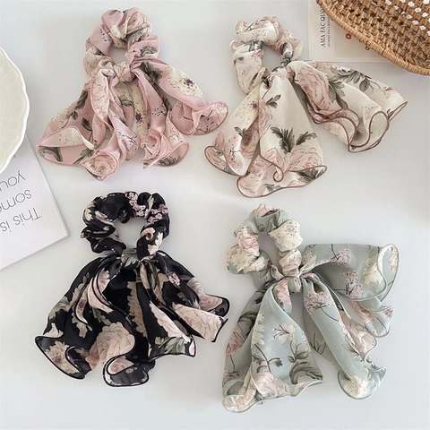 Floral Scrunchie With Long Streamer Chiffon Fabric Elastic Hair Tie Large Bow Korean Style For Women Girls