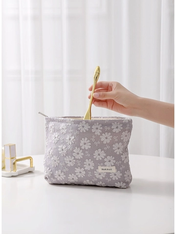 Bolsa De Maquillaje De Lona Con Bordado De Margaritas Gran Capacidad Organizador De Viaje Para Mujer Con Cremallera
