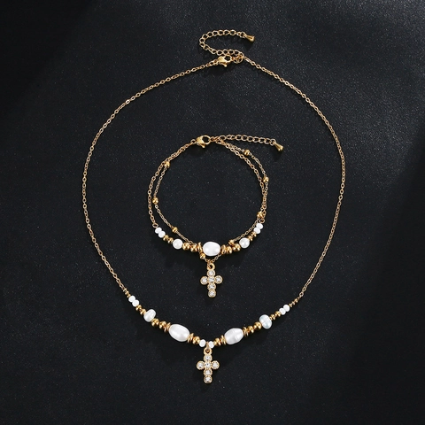 Stainless Steel Jewelry Set For Women Vacuum Gold Plated Freshwater Pearl Cross Pendant Necklace And Double Layer Bracelet