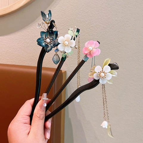 Vintage Chinese Stijl Houten Haarstok Met Bloem Kwastje Elegante Sandelhout Haarseld Traditionele Haaraccessoires Voor Dames