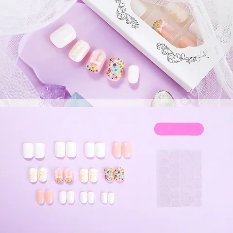 Press On Nails With 3D Flowers Rabbit Ears Bows Rhinestones Gold Foil And Faux Artificial Pearls For Women Sweet DIY Manicure