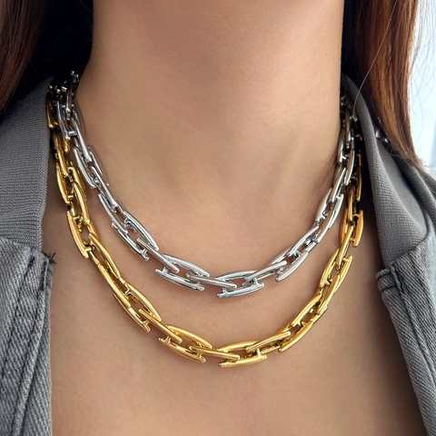 Collar Y Pulsera De Cadena Gruesa De Acero Inoxidable 304 Chapado En Oro De 18K Eslabón Rectangular Industrial Para Mujer Hombre