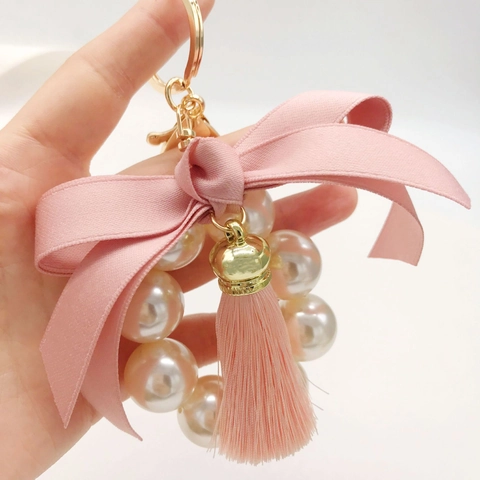 Portachiavi con Fiocco in Nastro e Anello di Perle Artificiali Moda Coreana Ciondolo Elegante per Borsa con Nappa per Donna