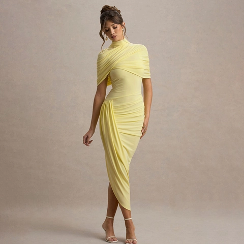 Abito Maxi Bodycon Arricciato A Collo Alto E Scialle Senza Maniche Schiena Scoperta Orlo Asimmetrico Elegante Party