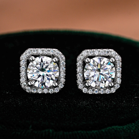 Square Halo Moissanite Stud Earrings With 925 Sterling Silver Earring Post Elegant Sparkling Jewelry For Women