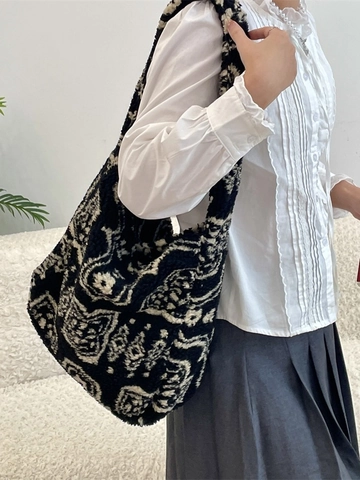 Large Capacity Tote Bag Plush Faux Lamb Wool Hobo Shoulder Bag Winter Autumn Grid Stripe Pattern Casual For Women