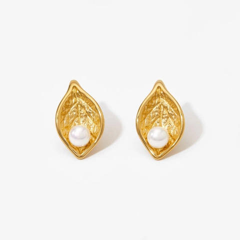 Pendientes De Perlas Artificiales De Acero Inoxidable Hoja Ovalada Geométrica No Se Desvanece Chapado En Oro PVD Joyería