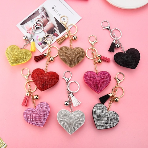 Llavero De Corazón Rhinestone Borla Encanto De Bolsa Para Mujeres Niñas Brillante Dulce Accesorio De Moda Metal