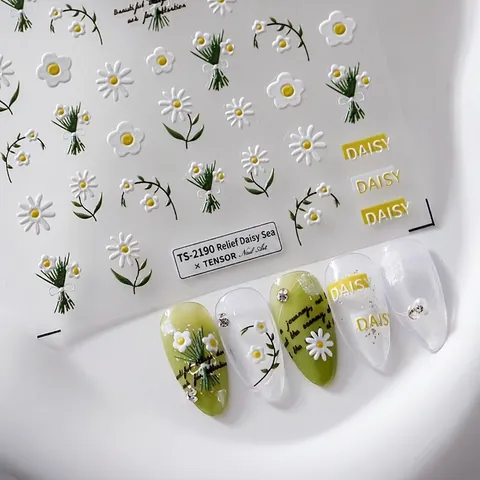 Stickers Ongles 5D Gaufrés Marguerite Design Floral Autocollant Décoration Manucure Pour Femmes Fleurs Blanches