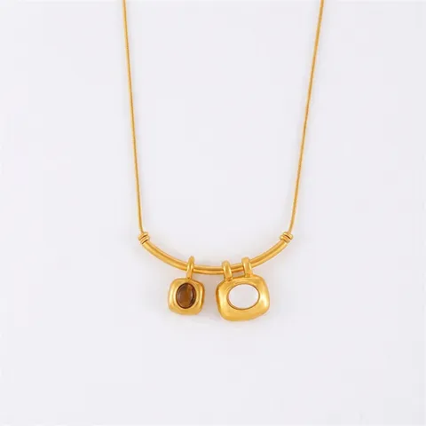 Collar Con Colgante Cuadrado Geométrico Acero De Titanio Con Ojo De Tigre Y Turquesa Blanca Joyería Retro Francesa Para Mujer