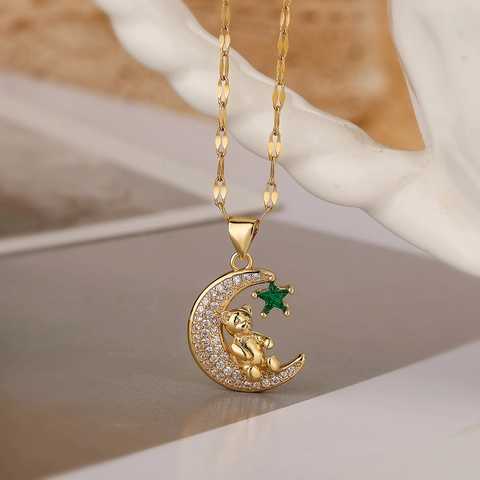 Simpatica Collana Con Ciondolo Orsetto Luna Stella Rame Placcato Oro Zirconia Intarsiata Gioielli Animali Per Donne Ragazze