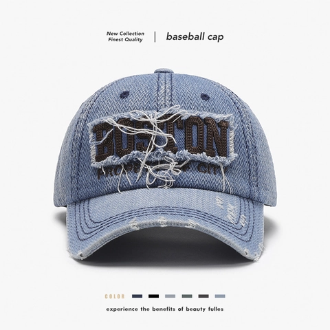 Cappello Da Baseball In Denim Lavato Boston Ricamo Vintage Distressed Retro Regolabile Unisex
