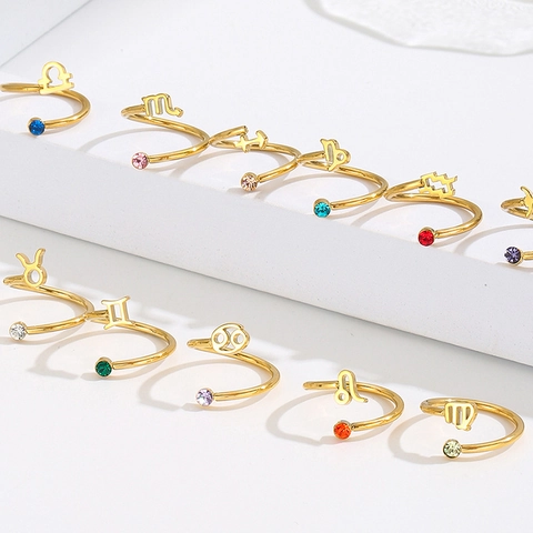 Bagues Ouvertes Zodiaque Plaquées Or 18K Acier Inoxydable Symboles Constellation Zircone Colorée Bijoux Ajustables Femmes