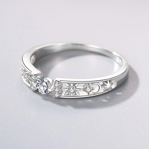 925 Sterlingsilber Minimalistischer Ausgehöhlter Stern Mond Ring Für Damen Funkelnder Zirkonia Eingelegt Mode Fingerring