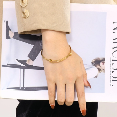 Bracciale Rigido Minimalista in Acciaio Inossidabile a Corda Intrecciata per Donna Regolabile Push Pull Bracciale Gioielli Placcato Oro Argento