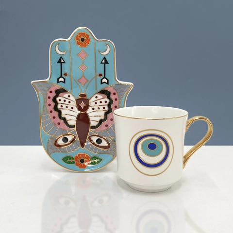 Set Tazzina da Caffè e Piattino Turco in Ceramica Con Piatto Mano di Fatima e Manico Oro Motivo Malocchio Regalo