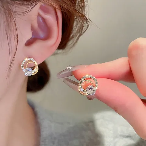 Geometric Double Ring Stud Earrings With Zircon Gold Plated Silver Earring Post Elegant Jewelry For Women