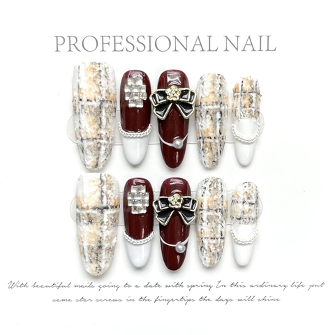 Handmade Press On Nails Tweed Pattern Wine Red White Bow Rhinestone Artificial Pearl Elegant Luxury French Style