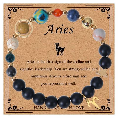 Natural Stone Beaded Bracelet Zodiac Constellation Solar System Planets Lava Stone Handmade Jewelry Gift Unisex