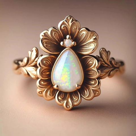 Vintage Copper Ring With Imitation Opal Pear Shaped Water Drop Iris Flower Floral Carved Bohemian Style For Women